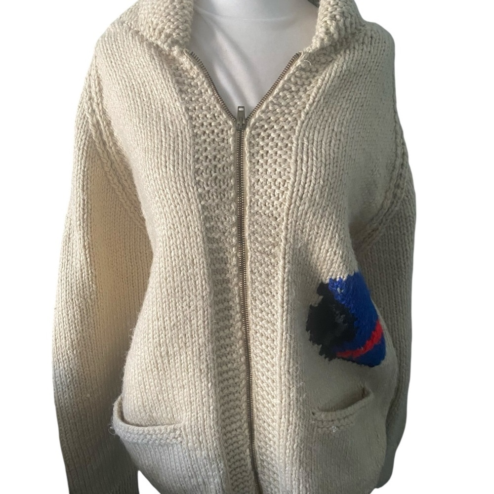 Cream Zip-Front Knit Sweater with Embroidered Accent